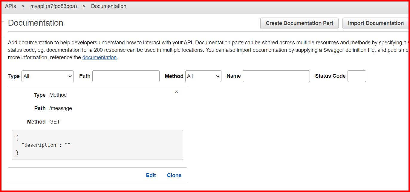 Picture showing adding the documentation part in API gateway